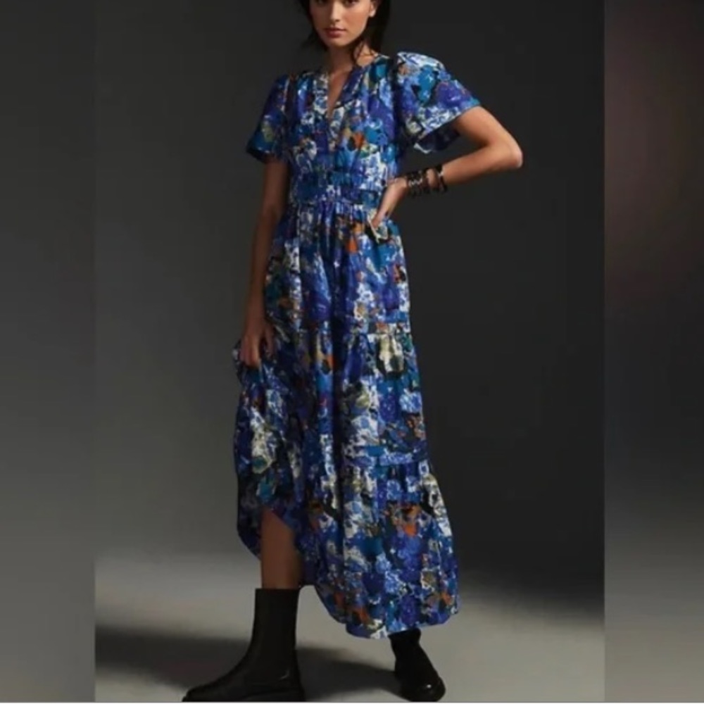 Anthropologie Blue Floral Tiered Midi Dress